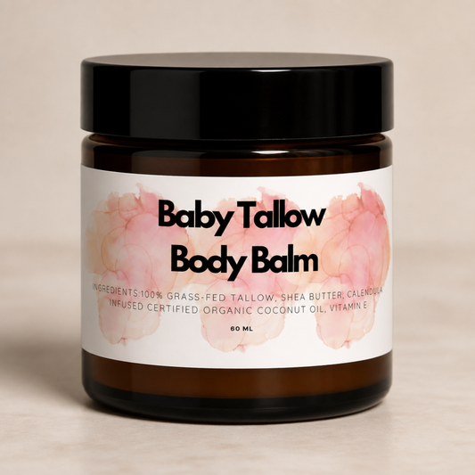 Jar of Baby Tallow Body Balm with a beige background